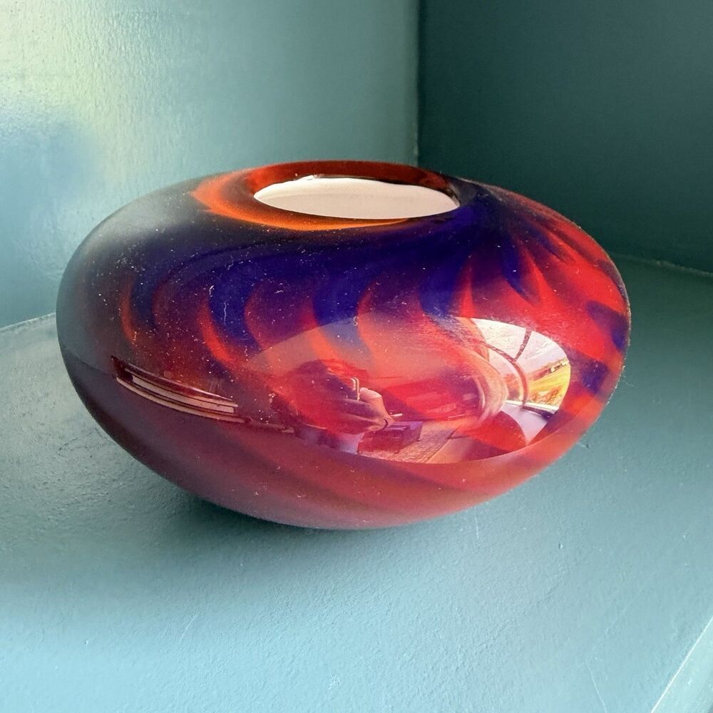 Vintage Hand Blown Studio Art Glass Vase Signed 53 7” Diameter 4” Tall Murano